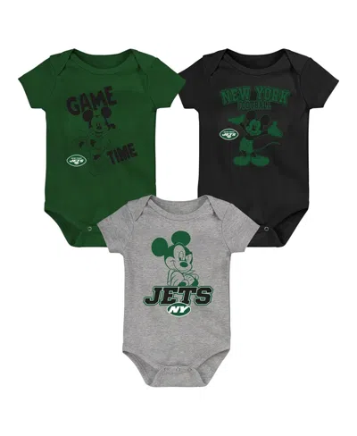 Outerstuff Newborn Infant Green/black/gray New York Jets Three-piece Disney Game Time Bodysuit Set In Multi