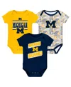 Outerstuff Newborn Navy Michigan Wolverines Sunday Comics 3-pack Bodysuit Set In Navy,yellow,white
