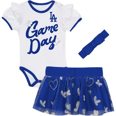 Outerstuff Kids' Newborn   White/blue Los Angeles Dodgers  Bodysuit, Headband & Skirt Set In Multi