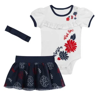 Outerstuff Kids'  Newborn White/navy Boston Red Sox Sweet Catcher 3-piece Bodysuit, Headband And Skirt Set