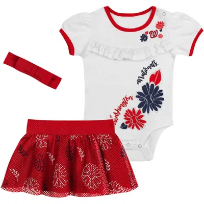 Outerstuff Kids'  Newborn White/red Washington Nationals Sweet Catcher 3-piece Bodysuit, Headband And Skirt