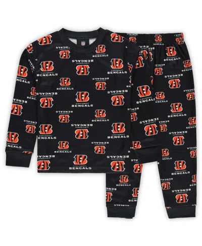 Outerstuff Kids' Preschool Black Cincinnati Bengals All-over-print Long Sleeve T-shirt And Pants Sleep Set