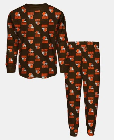 Outerstuff Kids' Preschool Brown Cleveland Browns All-over-print Long-sleeves T-shirt And Pants Sleep Set