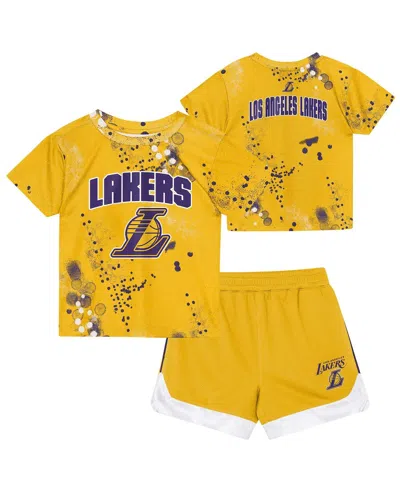 Outerstuff Kids' Preschool Gold Los Angeles Lakers Home Plate T-shirt And Shorts Set In Yellow