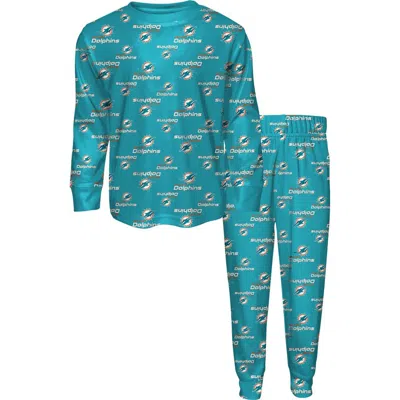 Outerstuff Kids' Preschool  Aqua Miami Dolphins All-over-print Long Sleeve T-shirt And Pants Sleep Set In Blue