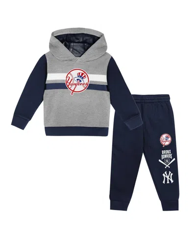 Outerstuff Babies' Toddler 2-piecegray/navy New York Yankees Wind Up Pullover Hoodie And Sweatpants Set In Gray,navy