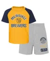 Outerstuff Infant Gold/heather Gray Milwaukee Brewers Ground Out Baller Raglan T-shirt And Shorts Set In Gold,heather Gray