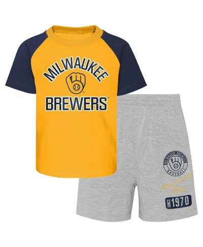 OUTERSTUFF TODDLER BOYS AND GIRLS GOLD AND HEATHER GRAY MILWAUKEE BREWERS TWO-PIECE GROUNDOUT BALLER RAGLAN T-S