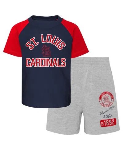 OUTERSTUFF TODDLER BOYS AND GIRLS NAVY, HEATHER GRAY ST. LOUIS CARDINALS TWO-PIECE GROUNDOUT BALLER RAGLAN T-SH