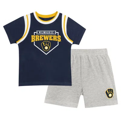 Outerstuff Kids' Toddler Fanatics Branded Navy/gray Milwaukee Brewers Bases Loaded T-shirt & Shorts Set In Blue
