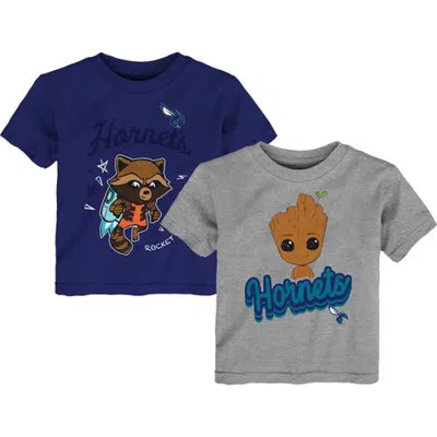 Outerstuff Kids'  Toddler Heather Gray Charlotte Hornets Two-piece Guardians Of The Galaxy T-shirt Set In Blue