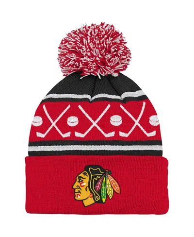 Outerstuff Kids' Youth Boys And Girls Red Chicago Blackhawks Face-off Cuffed Knit Hat With Pom