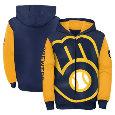 Outerstuff Kids' Youth Fanatics Branded Navy/gold Milwaukee Brewers Postcard Full-zip Hoodie Jacket In Navy,gold