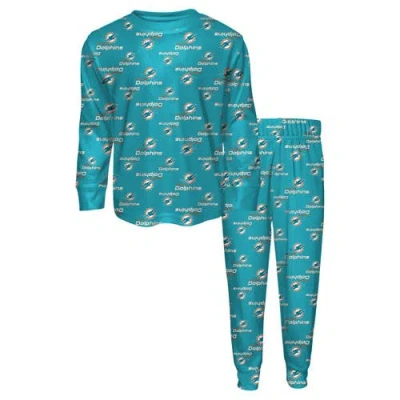 Outerstuff Kids' Youth  Aqua Miami Dolphins All-over-print Long Sleeve T-shirt And Pants Sleep Set In Blue