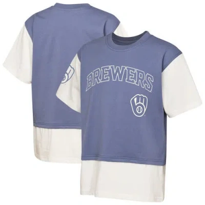 Outerstuff Kids' Youth  Navy/cream Milwaukee Brewers Ultimate Pastels Premium Double Run T-shirt In Blue