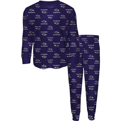 Outerstuff Kids' Youth  Purple Baltimore Ravens All-over-print Long Sleeve T-shirt And Pants Sleep Set In Multi