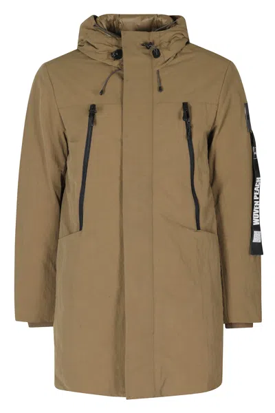 Outhere Long Technical Cotton Parka With Hood And Zip Closure In Brown