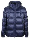 Outhere Quilted Down Jacket With Adjustable Hood And Iconic Patch In Blue