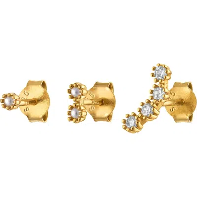 Outofoffice Gold Pearl Pavé Trio Stud Earring Set