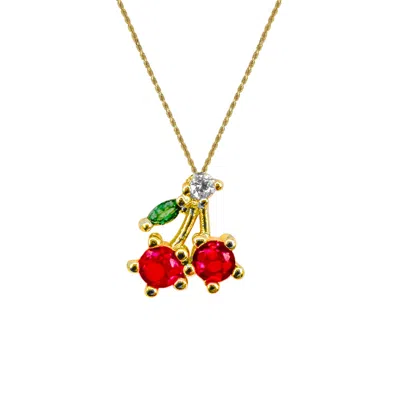 Outofoffice Women's Cherry Charm Gold Necklace Gemstone Ruby Pave Pendant