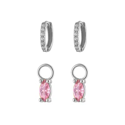 Outofoffice Women's Pink Charm Silver Huggies Set