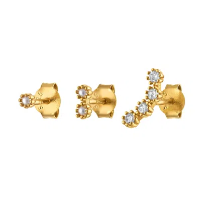 Outofoffice Women's Three Flower Climber Gold Earring Stud Set Pearl Paves