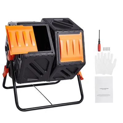 Outsense Compost Bin, 37-gal Dual Chamber Composting Tumbler, High Volume Two Rotating Chambers With 2 Slidin