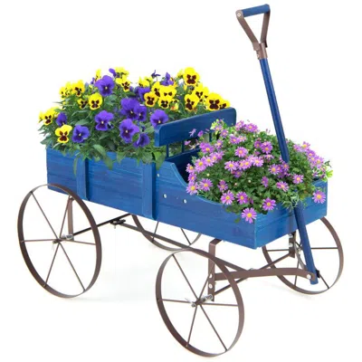 Outsense Wooden Wagon Plant Bed With Metal Wheels For Garden Yard Patio