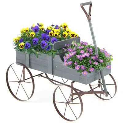 Outsense Wooden Wagon Plant Bed With Metal Wheels For Garden Yard Patio