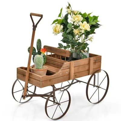 Outsense Wooden Wagon Plant Bed With Metal Wheels For Garden Yard Patio