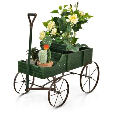 Outsense Wooden Wagon Plant Bed With Metal Wheels For Garden Yard Patio