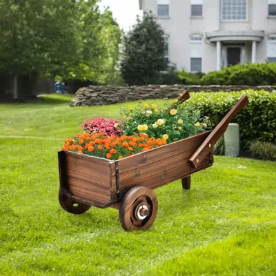 Outsense Wooden Wagon Planter Box With Wheels Handles And Drainage Hole
