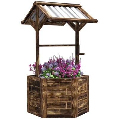Outsense Wooden Wishing Well Planter, Raised Garden Bed With Galvanized Canopy, Hexagon Raised Flower Bed For
