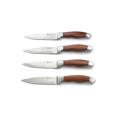 Outset Jackson Steakhouse Knife Set, Stainless Steel, 4-piece In Brown Wood
