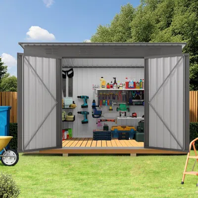 Outskribed 4 X 9 Ft Outdoor Storage Shed, Metal Garden Shed Tool House With Sloping Roof,6 Vents And 2 Swing Do In Gray