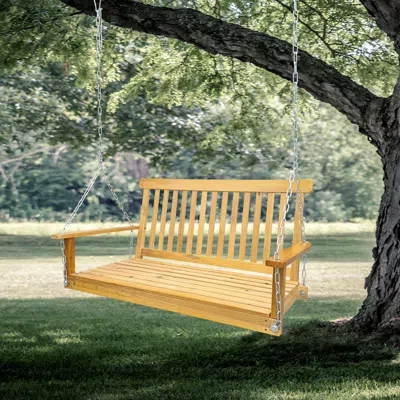 Outskribed Front Porch Swing With Armrests, Wood Bench Swing With Hanging Chains,for Outdoor Patio,garden Yard, In Yellow