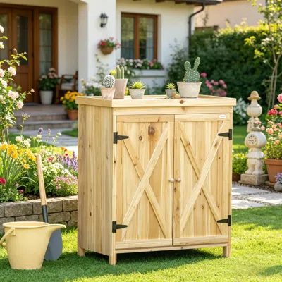 Outskribed Garden Storage Cabinet, Outdoor Tool Shed With Galvanized Top And Two Shelves In Multi
