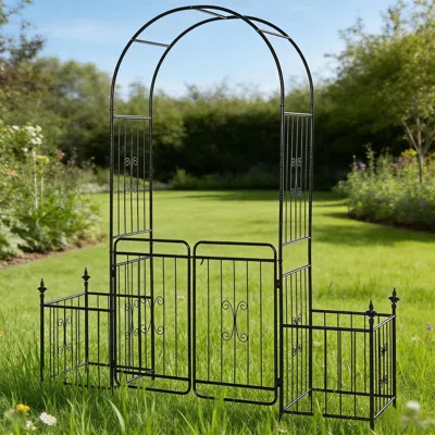 Outskribed Metal Arch Trellis With Gate And Planter Baskets,garden Archway In Black
