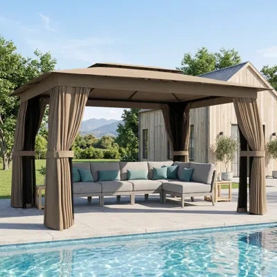 Outsunny 10' X 12' Outdoor Patio Gazebo, Soft Top Gazebo Canopy Shelter With Double Roof, Curtains, Netting,  In Khaki