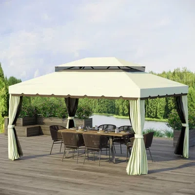 Outsunny 10' X 13' Patio Gazebo, Outdoor Gazebo Canopy Shelter With Netting And Curtains, Aluminum Frame For  In Cream White,brown