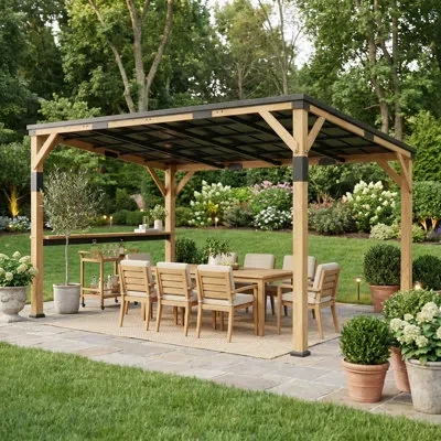 Outsunny 10' X 14' Wooden Gazebo, Hardtop Lean-to Gazebo Pergola With Galvanized Steel Sloped Roof, Bar Shelf In Brown