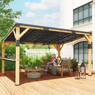 Outsunny 10' X 14' Wooden Gazebo, Hardtop Lean-to Gazebo Pergola With Galvanized Steel Sloped Roof, Bar Shelf In Natural Wood