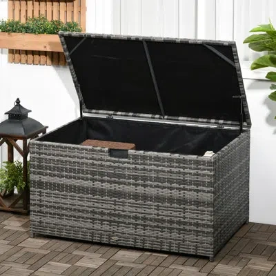Outsunny 113 Gallon Deck Box, Rattan Outdoor Storage Box, Waterproof Storage Container For Indoor, Patio Furn In Dark Gray