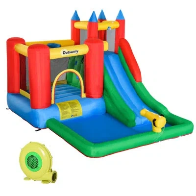 Outsunny 11.5' X 8.8' Bounce House With Water Slide And Air Blower In Blue;green;red