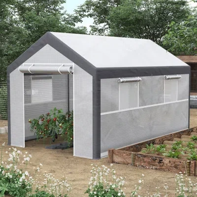 Outsunny 12' X 7' X 7' Greenhouse, Walk-in Outdoor Tunnel Green House With Pe Cover, Steel Frame, 2 Roll-up Z In White