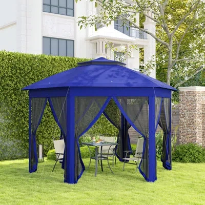 Outsunny 13' X 13' Pop Up Gazebo, Hexagonal Canopy Shelter With 6 Zippered Mesh Netting, Event Tent With Stro In Blue