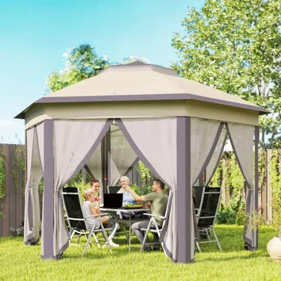 Outsunny 13' X 13' Pop Up Gazebo Hexagonal Canopy With 6 Zippered Mesh Netting In Coffee
