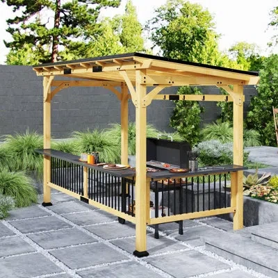 Outsunny 13' X 6' Wooden Bbq Grill Gazebo, Hardtop Grill Gazebo With Metal Roof, 2 Bar Shelves And 6 Hooks, O In Khaki