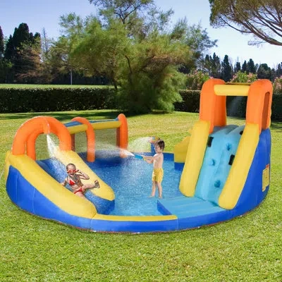 Outsunny 14.27' X 14.27' Bounce House With Water Slide And Air Blower In Blue;yellow;orange