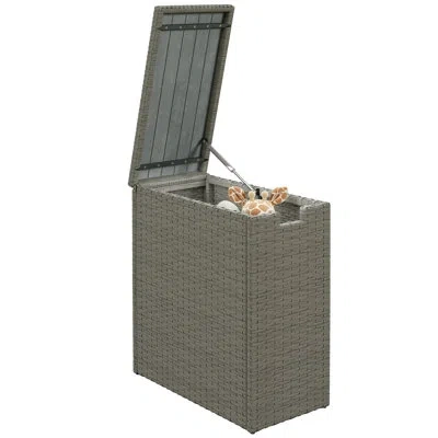 Outsunny 17 Gallon Wicker Small Deck Box, Pe Rattan Outdoor Storage Box With Slatted Acacia Wood Flip Top For In Gray